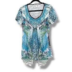 Elysee 26 Blouse‎ Top Medium Blue Green Abstract Print V Neck Short Sleeve